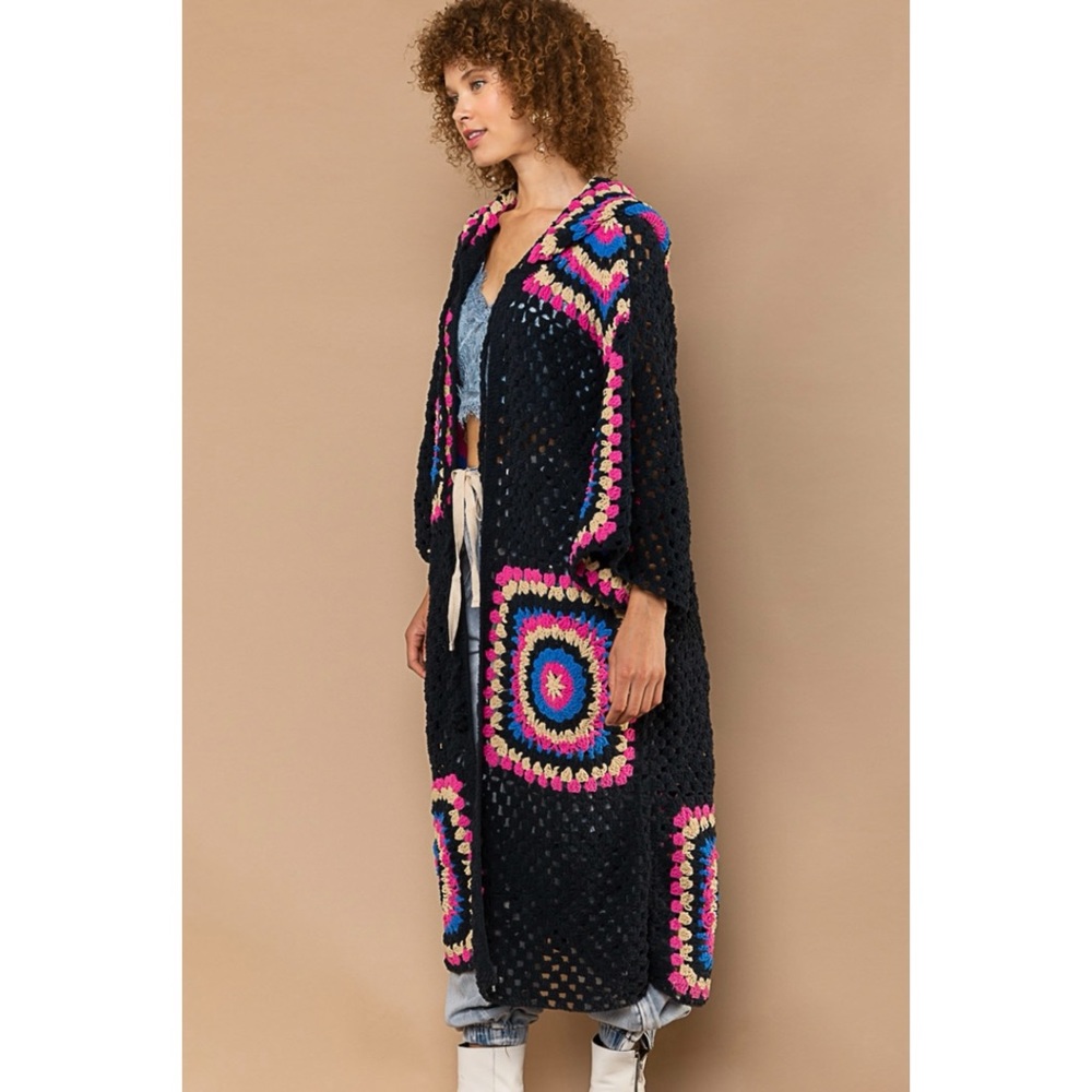 POL Black & Pink Crochet Granny Square Chenille Long Cardigan Relaxed Fit - Picture 11 of 16